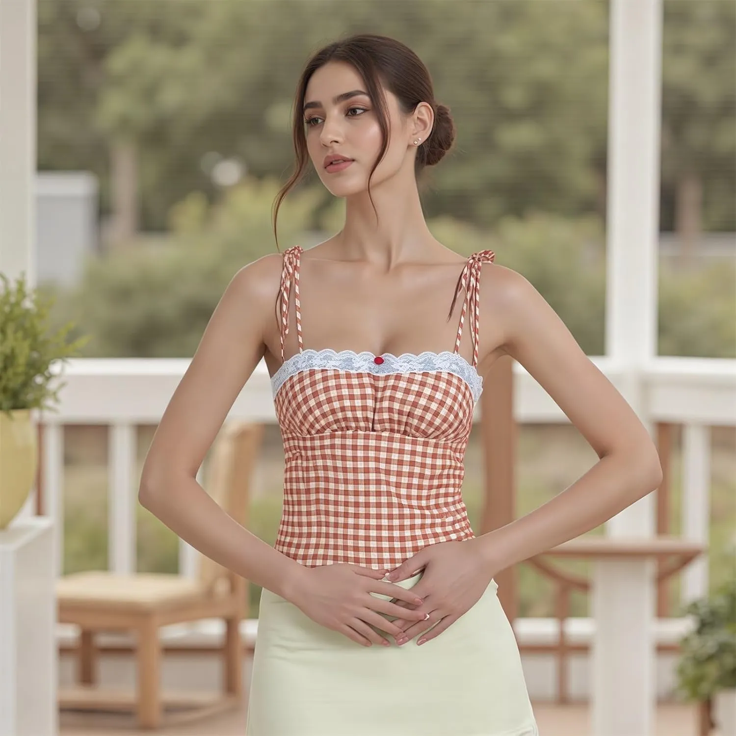 Women Y2k Plaid Tank Tops Tie Shoulder Lace Trim Cami Top Aesthetic Summer Going Out Camisoles