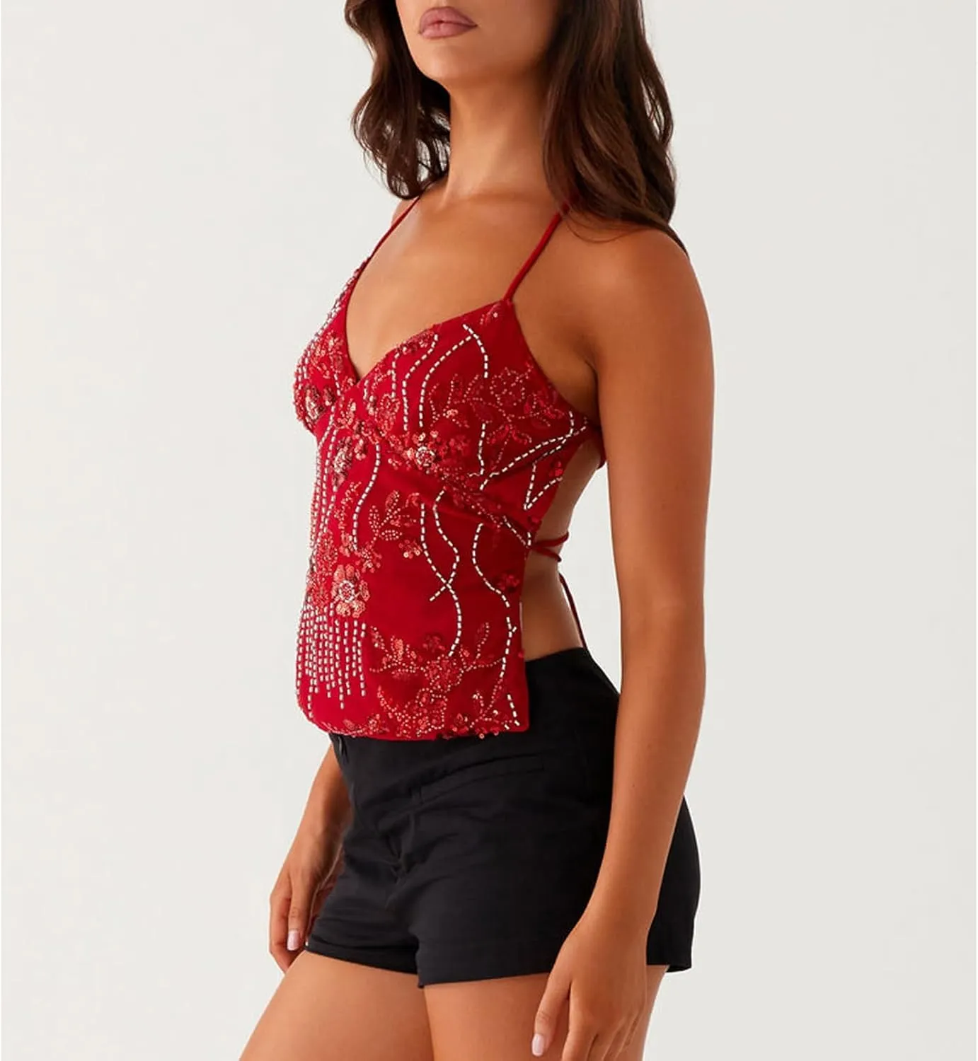 Women Y2k Sequin Sparkly Spaghetti Strap Crop Tops Sexy Halter Deep V Neck Open Back Tie Camisole Summer