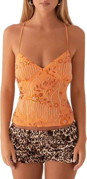 Women Y2k Sequin Sparkly Spaghetti Strap Crop Tops Sexy Halter Deep V Neck Open Back Tie Camisole Summer