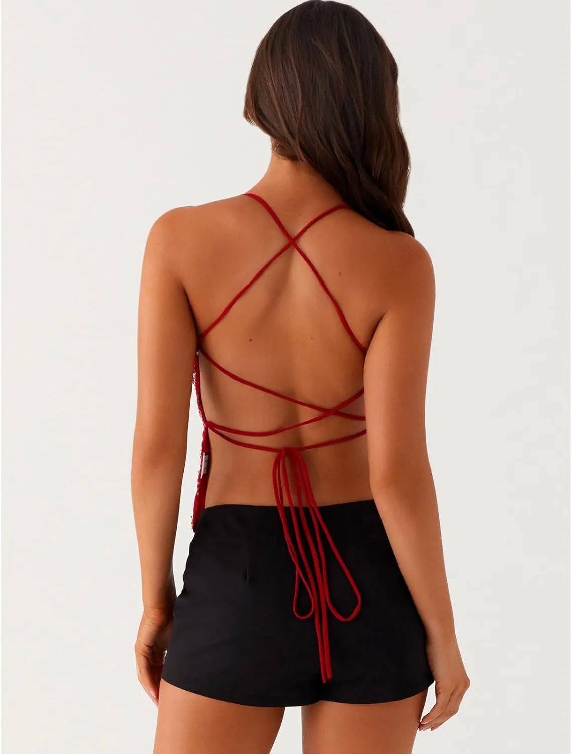 Women Y2k Sequin Sparkly Spaghetti Strap Crop Tops Sexy Halter Deep V Neck Open Back Tie Camisole Summer