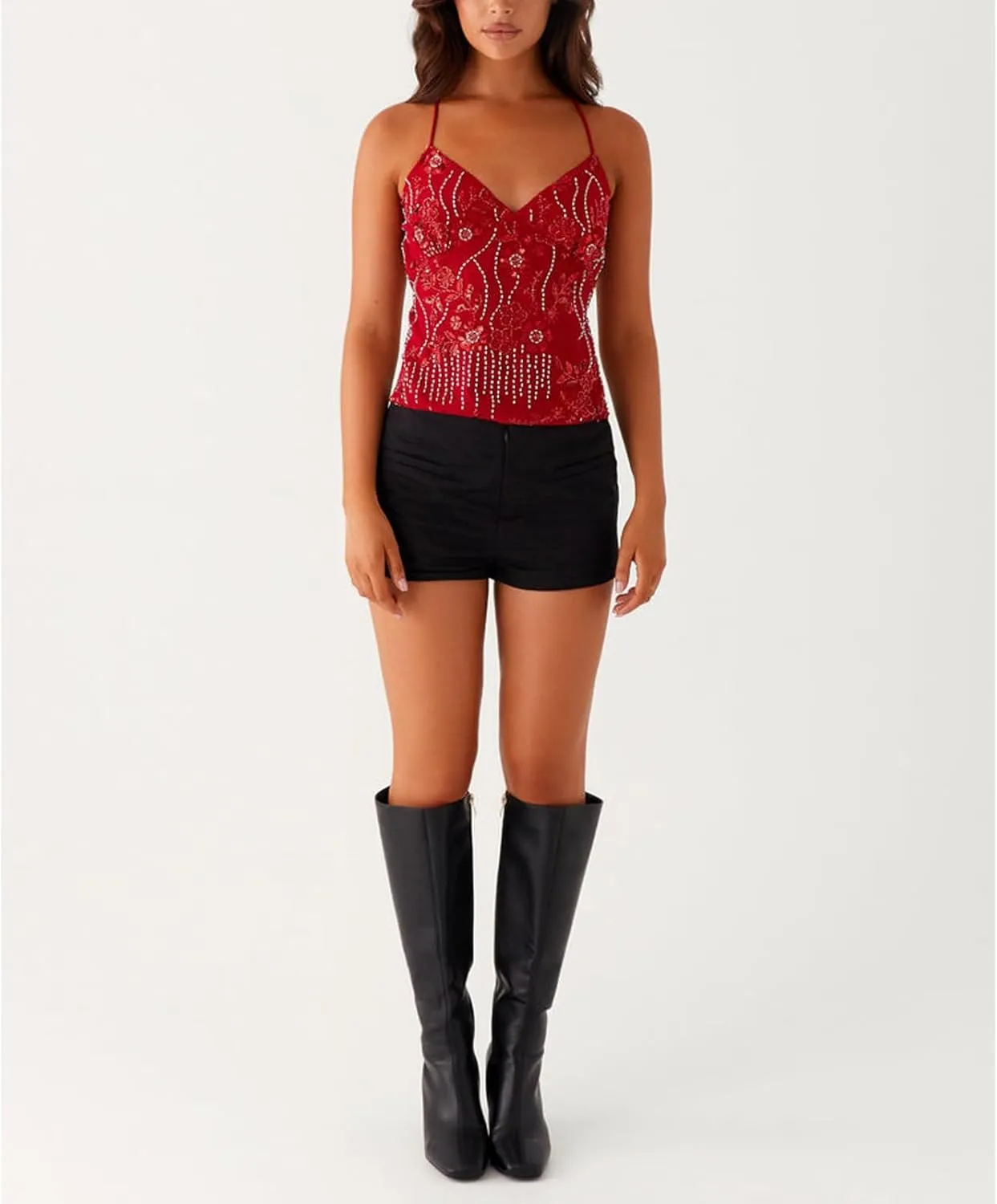 Women Y2k Sequin Sparkly Spaghetti Strap Crop Tops Sexy Halter Deep V Neck Open Back Tie Camisole Summer