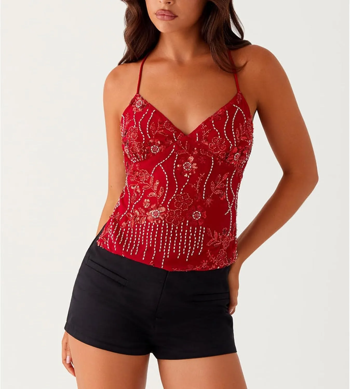 Women Y2k Sequin Sparkly Spaghetti Strap Crop Tops Sexy Halter Deep V Neck Open Back Tie Camisole Summer