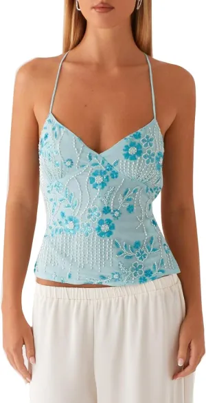 Women Y2k Sequin Sparkly Spaghetti Strap Crop Tops Sexy Halter Deep V Neck Open Back Tie Camisole Summer