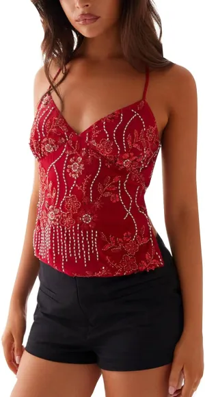 Women Y2k Sequin Sparkly Spaghetti Strap Crop Tops Sexy Halter Deep V Neck Open Back Tie Camisole Summer