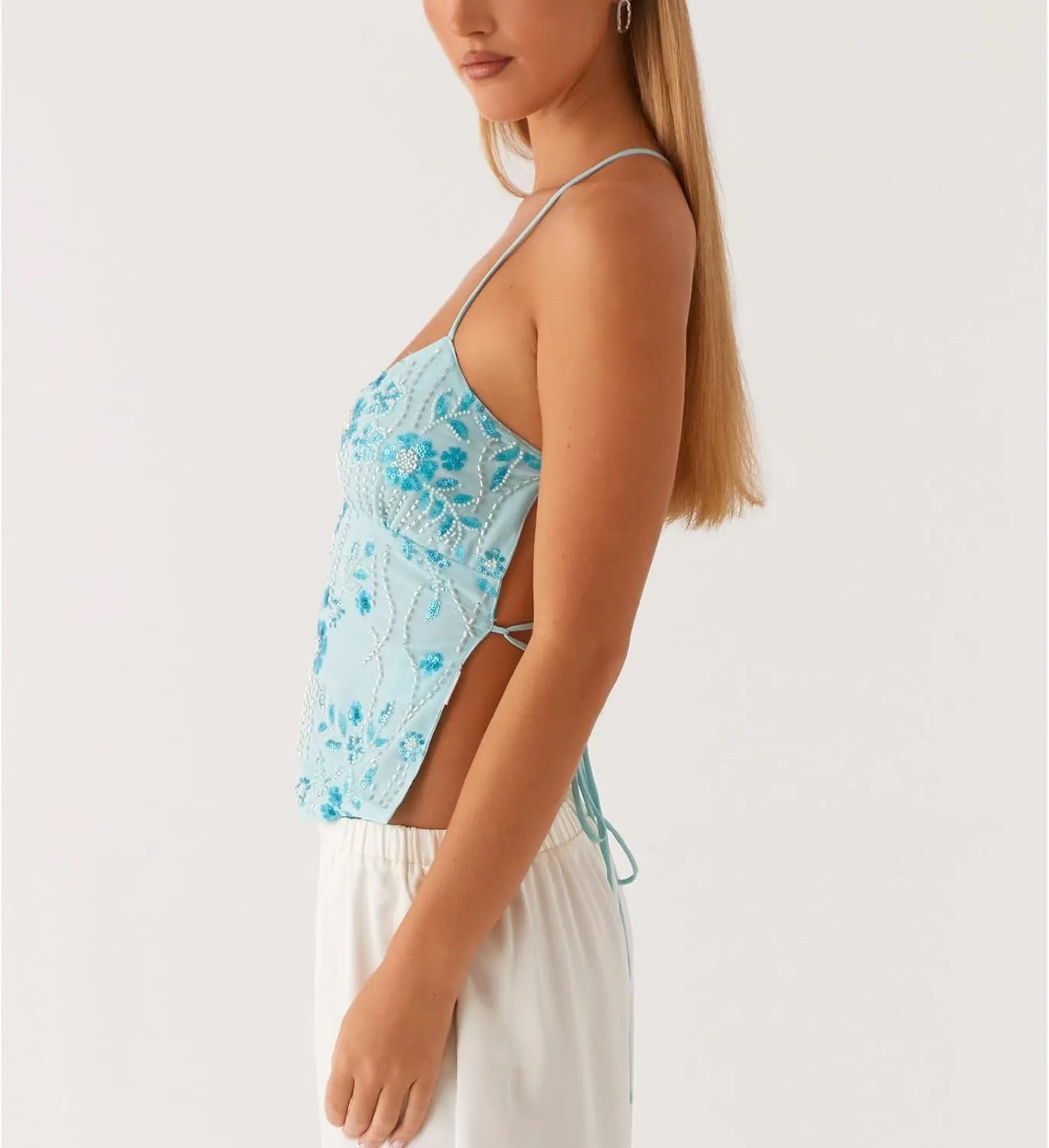 Women Y2k Sequin Sparkly Spaghetti Strap Crop Tops Sexy Halter Deep V Neck Open Back Tie Camisole Summer