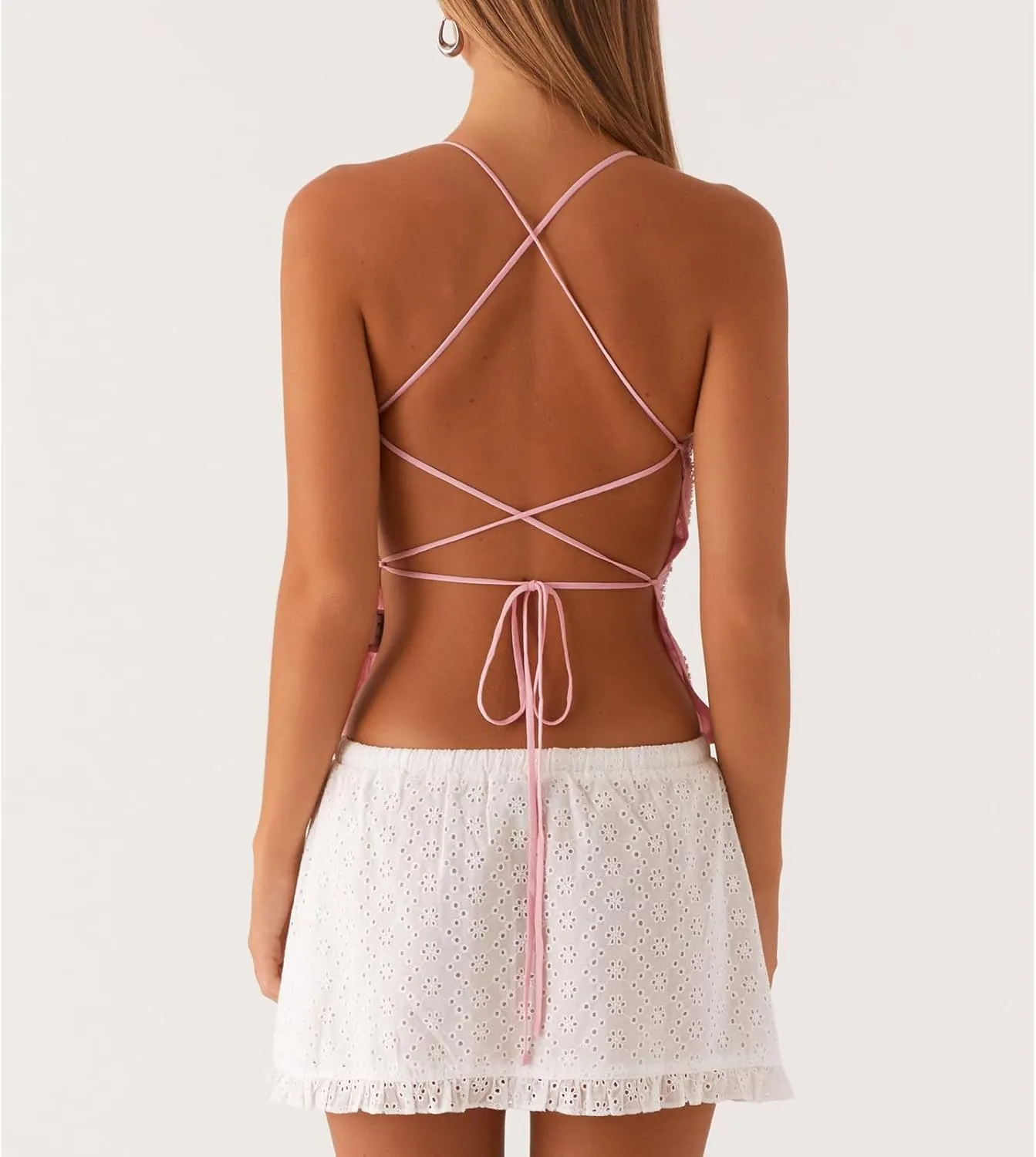 Women Y2k Sequin Sparkly Spaghetti Strap Crop Tops Sexy Halter Deep V Neck Open Back Tie Camisole Summer