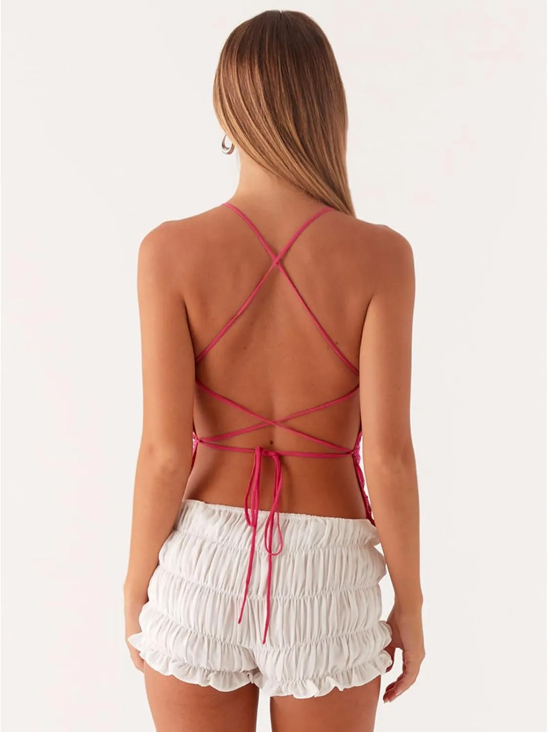Women Y2k Sequin Sparkly Spaghetti Strap Crop Tops Sexy Halter Deep V Neck Open Back Tie Camisole Summer