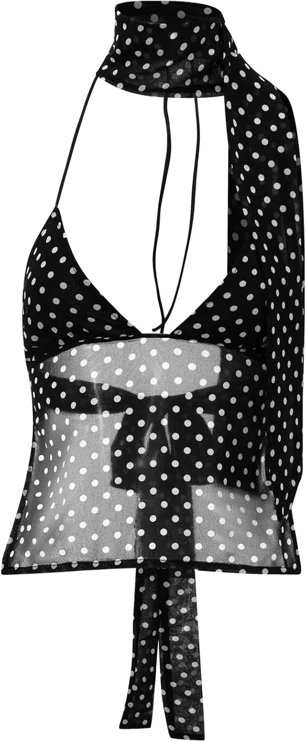 Women Y2K Sexy Cami Tank Top Polka Dot Sleeveless V Neck Spaghetti Strap Lace Trim Camisole Crop Tops
