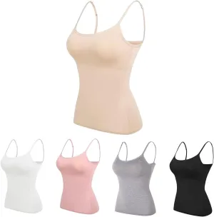 Womens Adjustable Camisoles with Built in Bra,Stretch Cotton Tank Top Spaghetti Strap Scoop Neck Layer Cami
