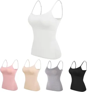 Womens Adjustable Camisoles with Built in Bra,Stretch Cotton Tank Top Spaghetti Strap Scoop Neck Layer Cami