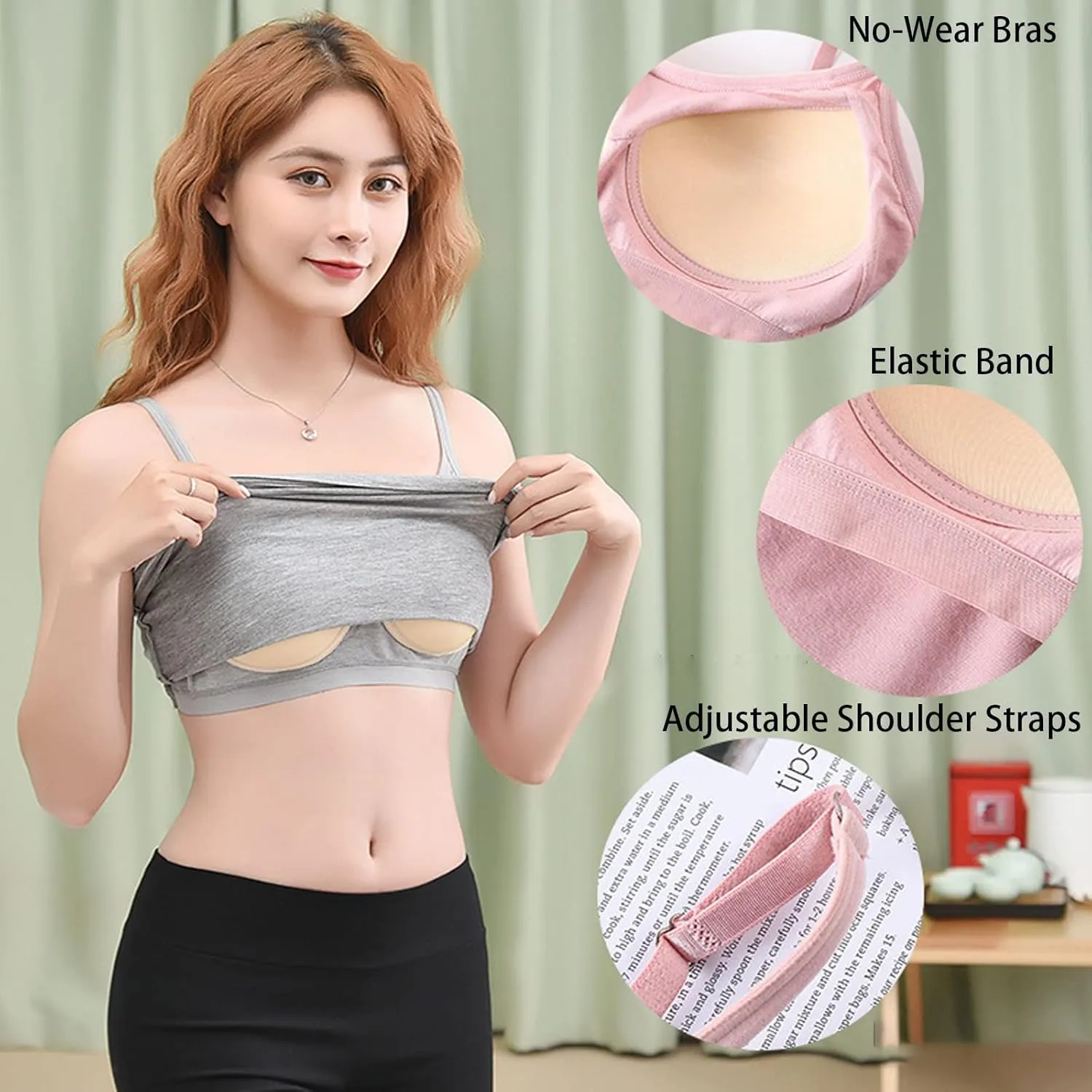 Womens Adjustable Camisoles with Built in Bra,Stretch Cotton Tank Top Spaghetti Strap Scoop Neck Layer Cami