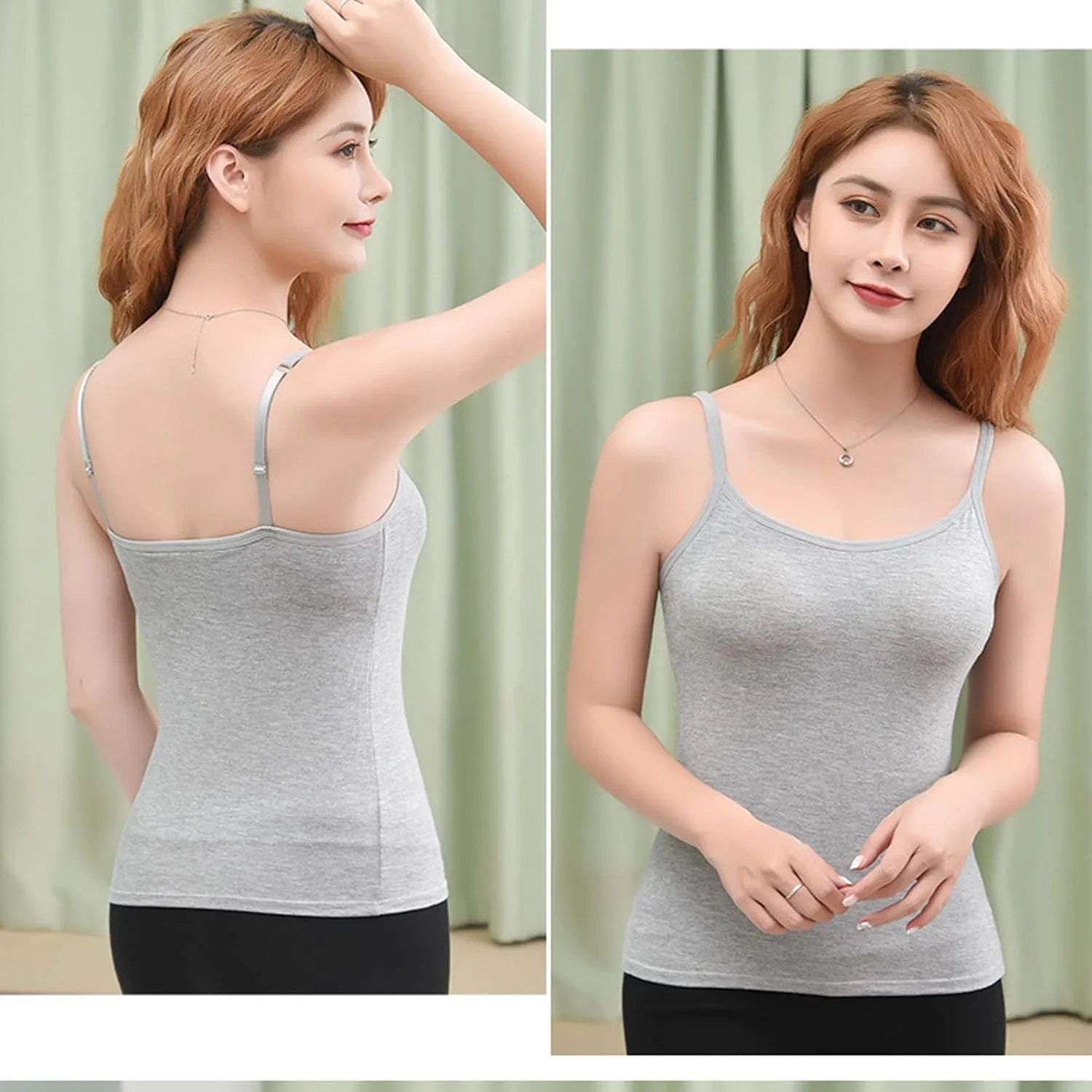 Womens Adjustable Camisoles with Built in Bra,Stretch Cotton Tank Top Spaghetti Strap Scoop Neck Layer Cami
