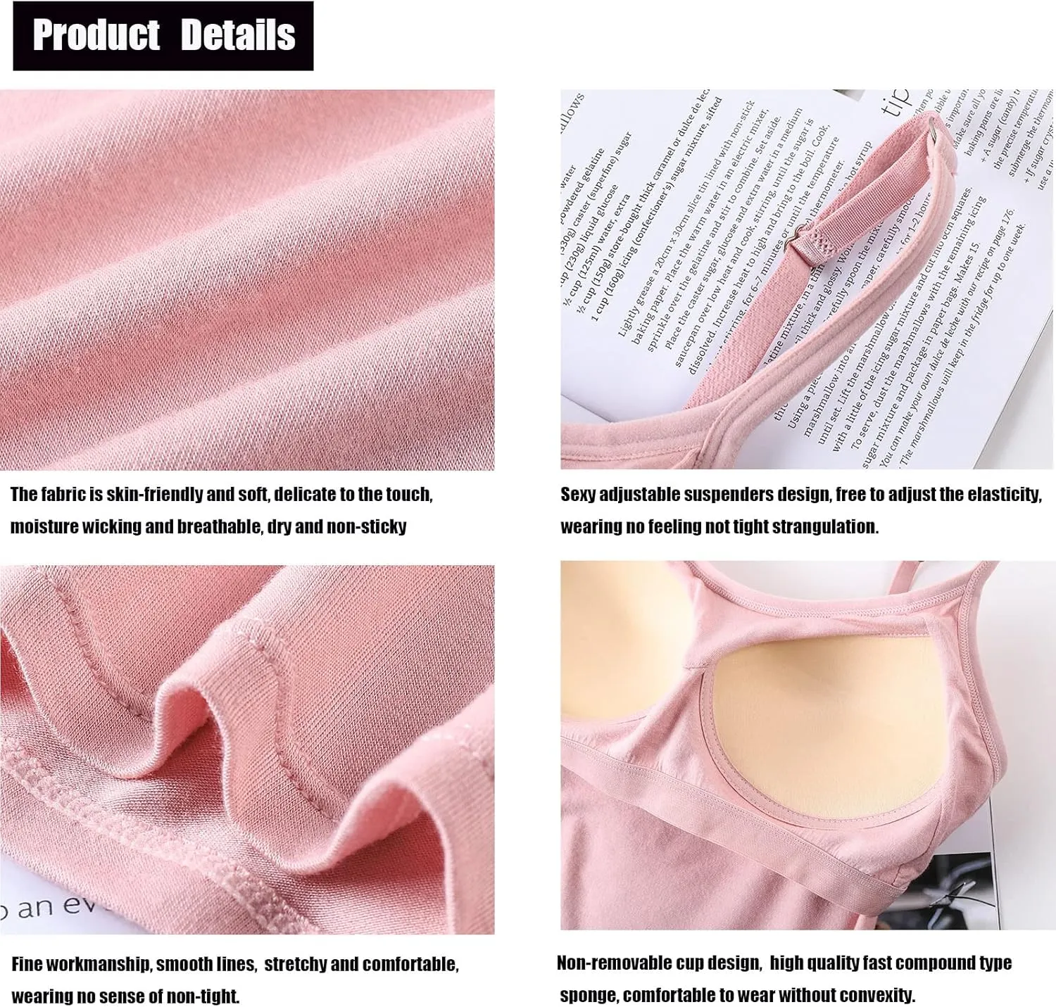 Womens Adjustable Camisoles with Built in Bra,Stretch Cotton Tank Top Spaghetti Strap Scoop Neck Layer Cami