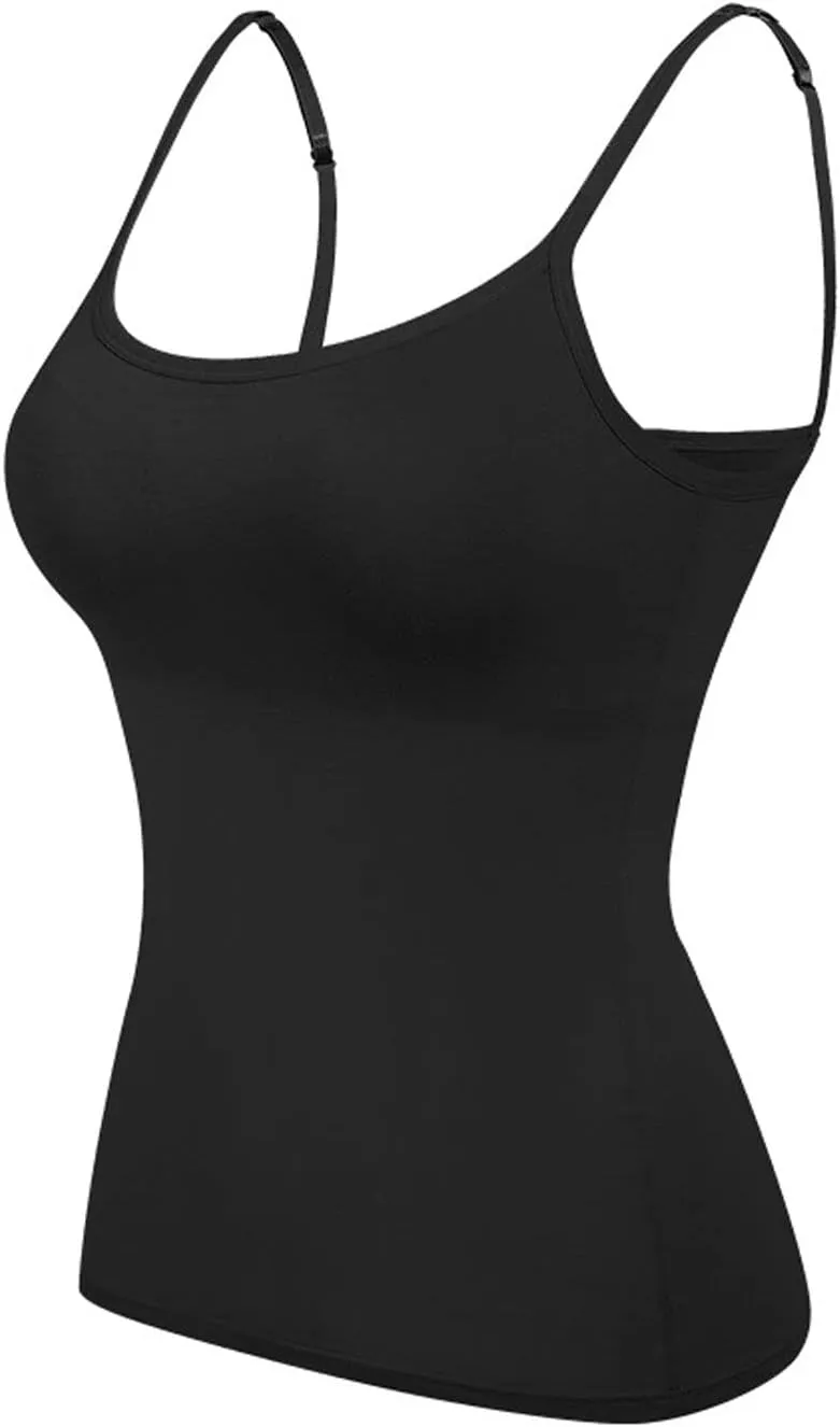 Womens Adjustable Camisoles with Built in Bra,Stretch Cotton Tank Top Spaghetti Strap Scoop Neck Layer Cami