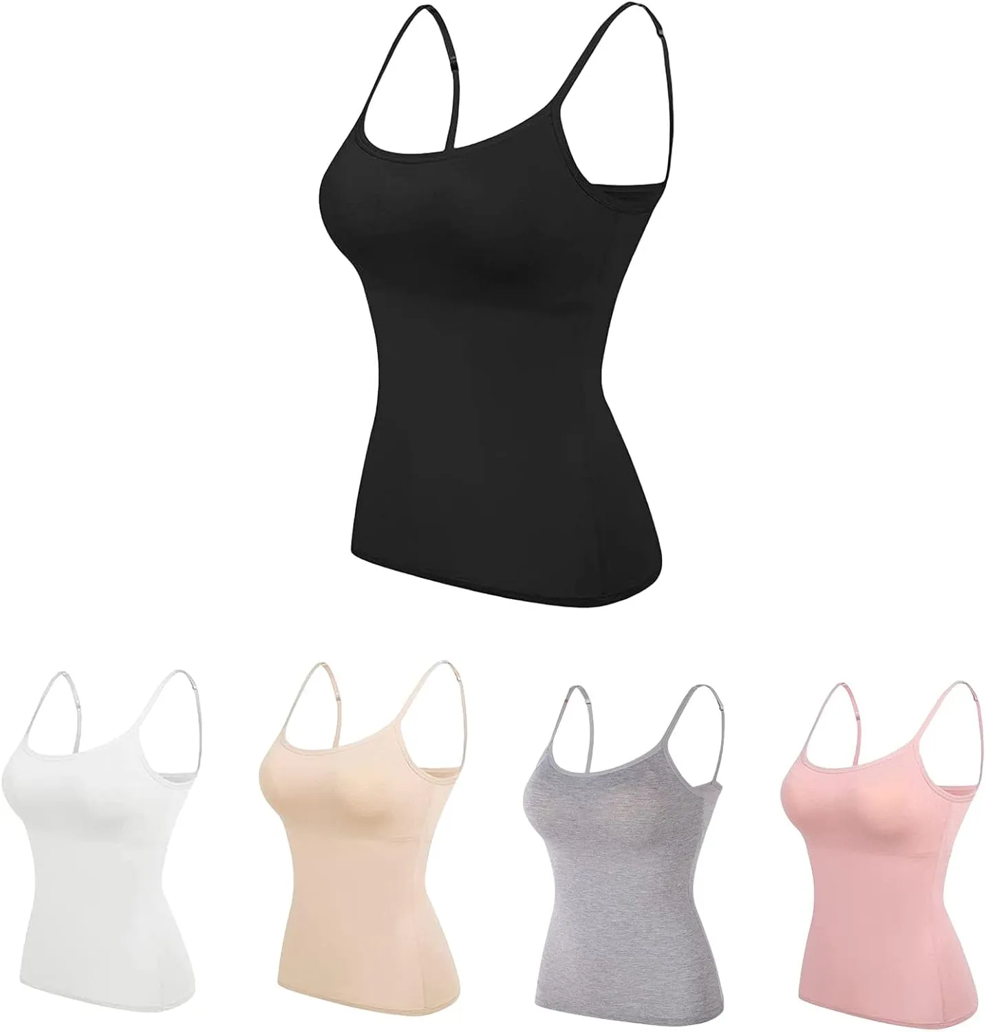 Womens Adjustable Camisoles with Built in Bra,Stretch Cotton Tank Top Spaghetti Strap Scoop Neck Layer Cami