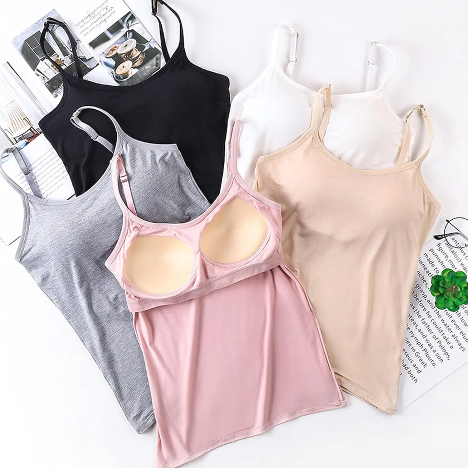 Womens Adjustable Camisoles with Built in Bra,Stretch Cotton Tank Top Spaghetti Strap Scoop Neck Layer Cami