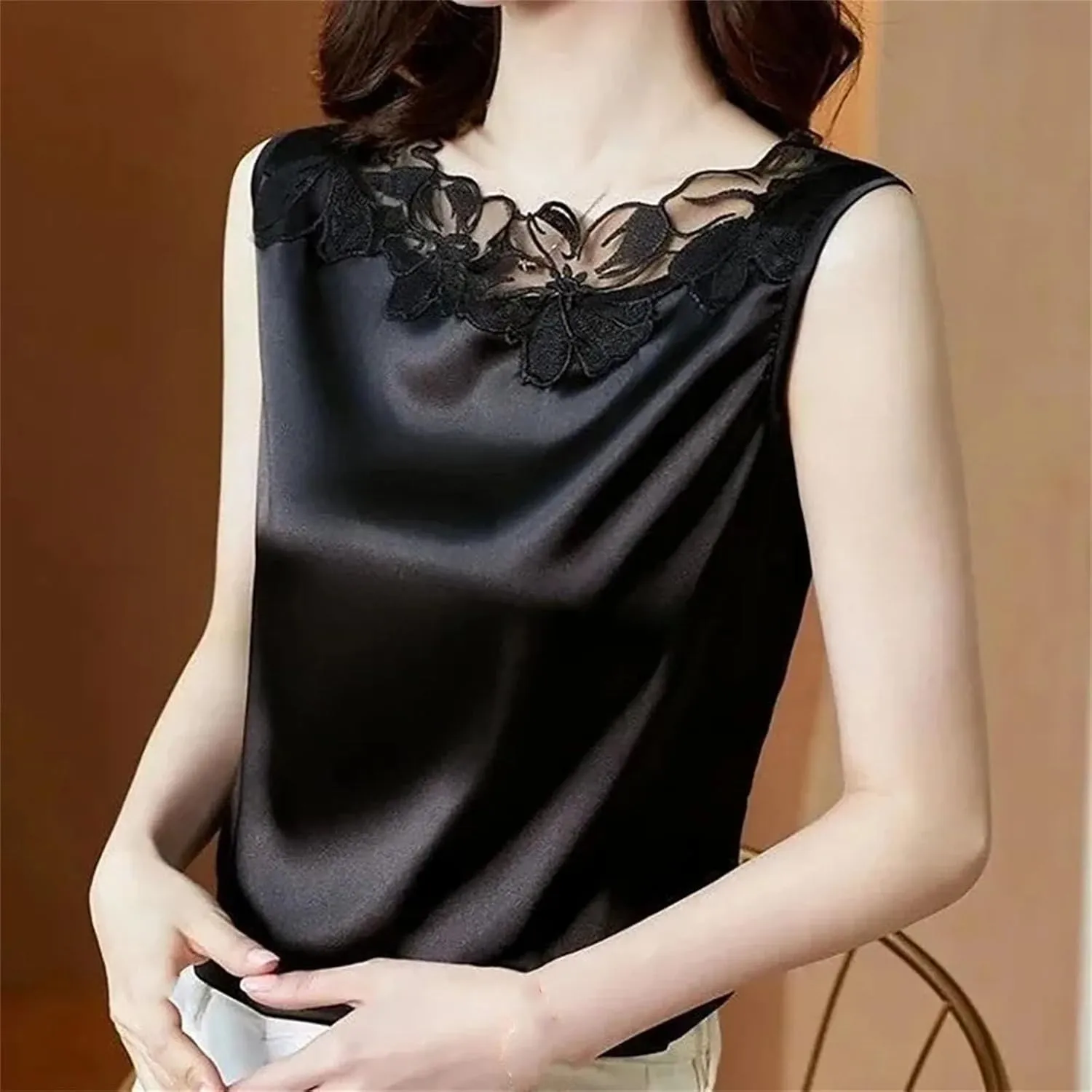 Women's Camisoles Women's Satin Blouse Sleeveless Lace V-Neck Top Tanks Women Vests