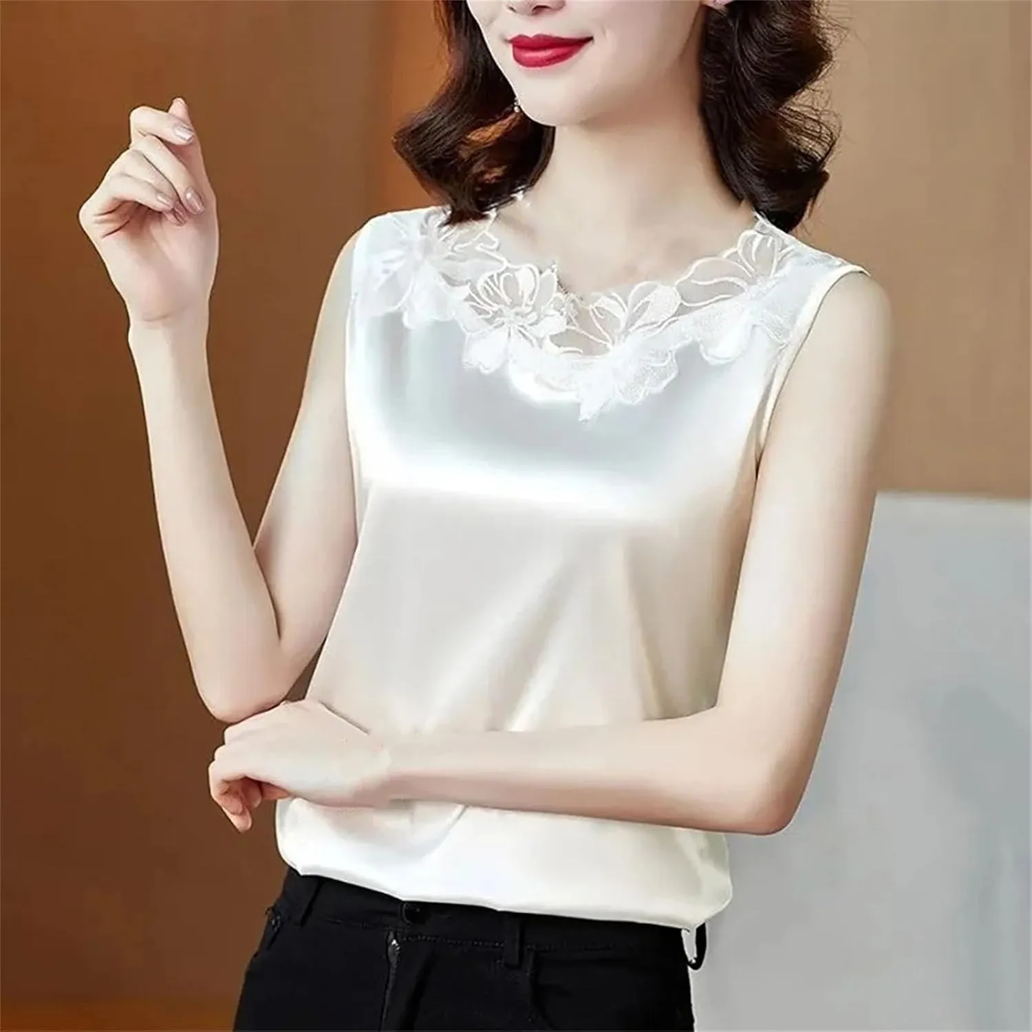 Women's Camisoles Women's Satin Blouse Sleeveless Lace V-Neck Top Tanks Women Vests