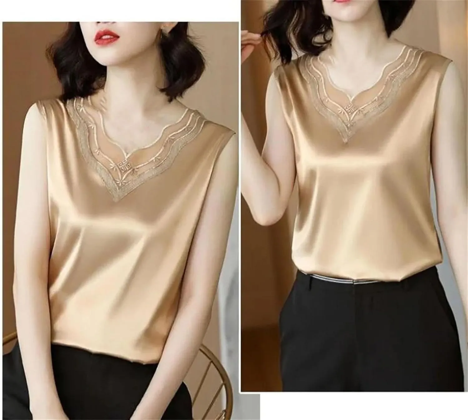 Women's Camisoles Women's Satin Blouse Sleeveless Lace V-Neck Top Tanks Women Vests