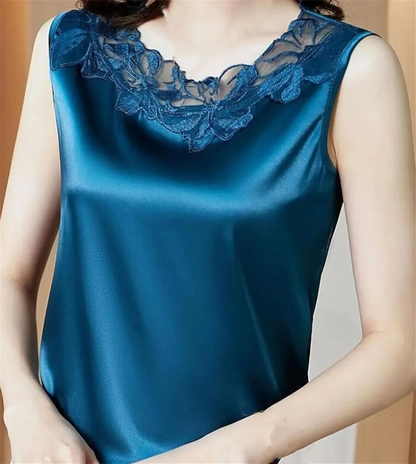 Women's Camisoles Women's Satin Blouse Sleeveless Lace V-Neck Top Tanks Women Vests