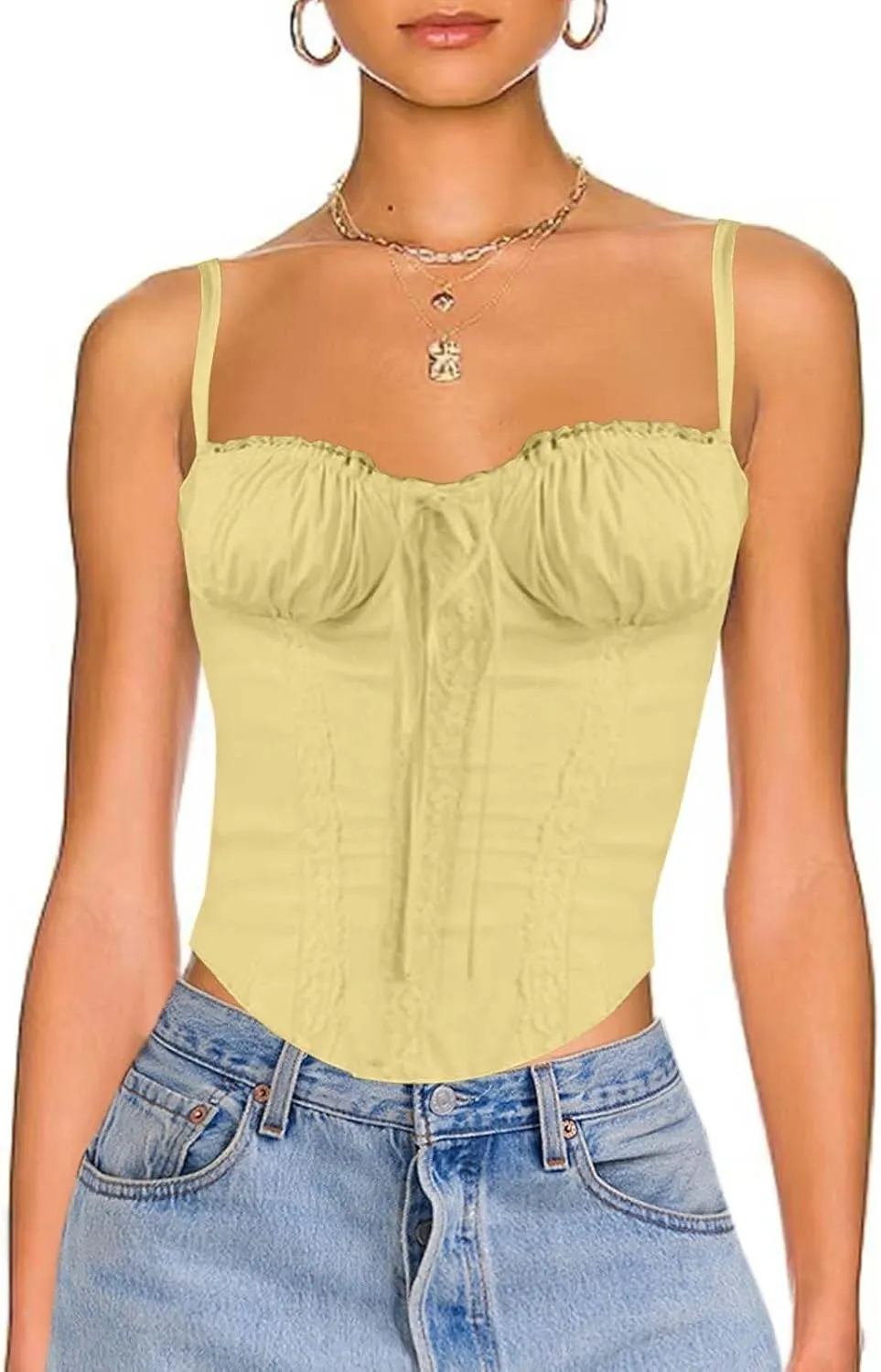 Womens Casual Fashion Summer Tank Tops Sexy Lace Trim Splicing Strappy Vest Solid Slimming Smocked Camisoles 2024