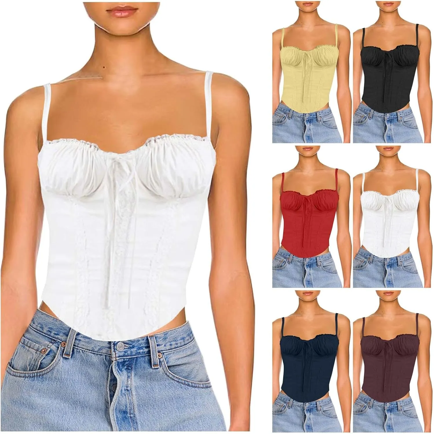 Womens Casual Fashion Summer Tank Tops Sexy Lace Trim Splicing Strappy Vest Solid Slimming Smocked Camisoles 2024