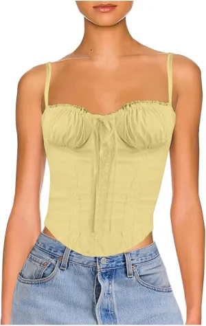 Womens Casual Fashion Summer Tank Tops Sexy Lace Trim Splicing Strappy Vest Solid Slimming Smocked Camisoles 2024