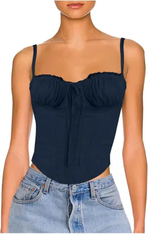 Womens Casual Fashion Summer Tank Tops Sexy Lace Trim Splicing Strappy Vest Solid Slimming Smocked Camisoles 2024