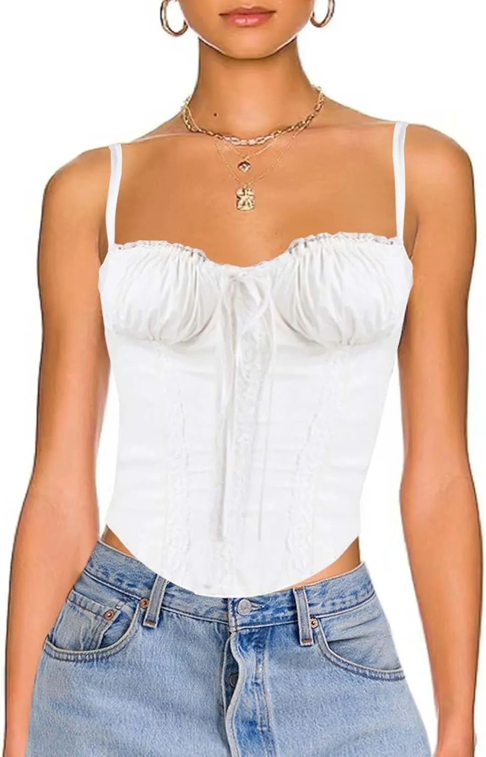 Womens Casual Fashion Summer Tank Tops Sexy Lace Trim Splicing Strappy Vest Solid Slimming Smocked Camisoles 2024
