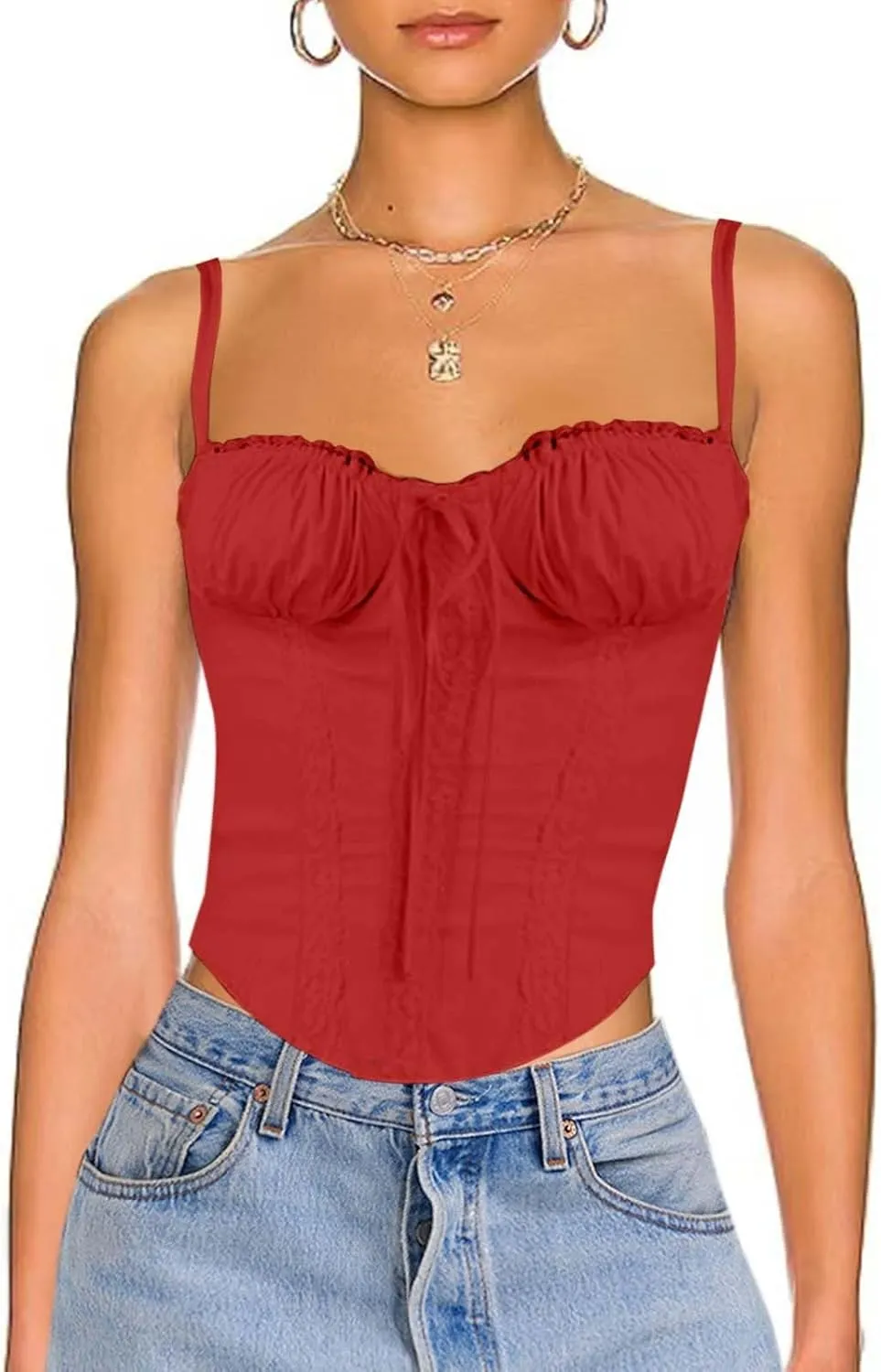 Womens Casual Fashion Summer Tank Tops Sexy Lace Trim Splicing Strappy Vest Solid Slimming Smocked Camisoles 2024