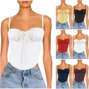 Womens Casual Fashion Summer Tank Tops Sexy Lace Trim Splicing Strappy Vest Solid Slimming Smocked Camisoles 2024