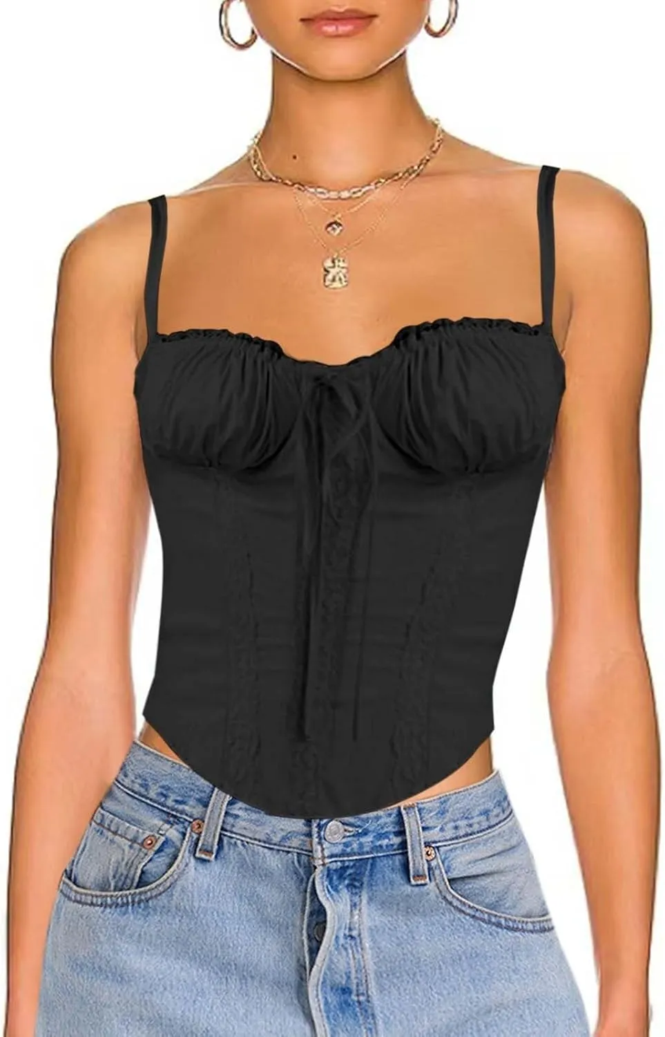 Womens Casual Fashion Summer Tank Tops Sexy Lace Trim Splicing Strappy Vest Solid Slimming Smocked Camisoles 2024