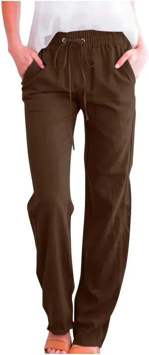 Womens Casual Linen Pants Drawstring Elastic High Waist Trousers Loose Comfy Lounge Pants with Pockets