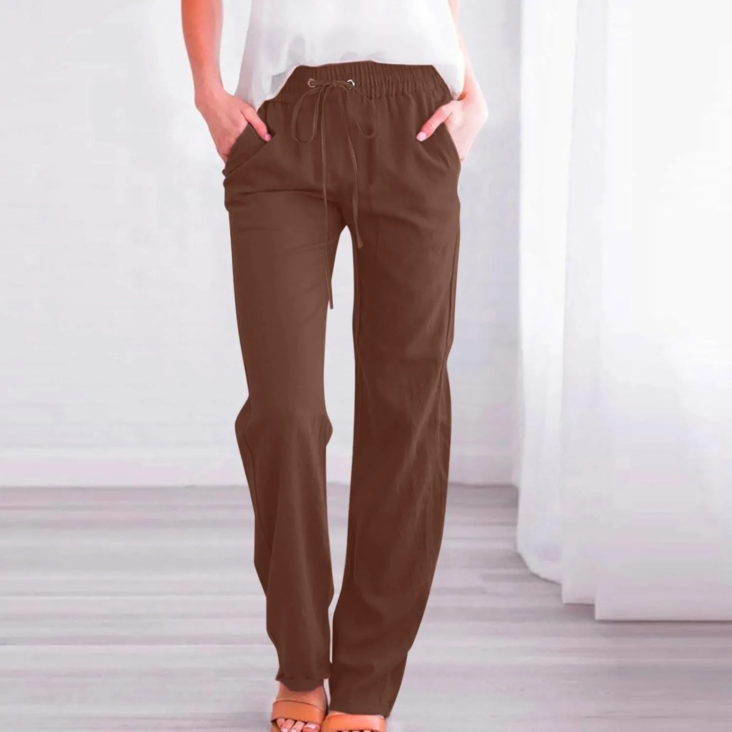Womens Casual Linen Pants Drawstring Elastic High Waist Trousers Loose Comfy Lounge Pants with Pockets