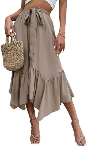 Women's Elastic High Waist with Irregular Pleated Hem Skirt Holiday Beach Skirt