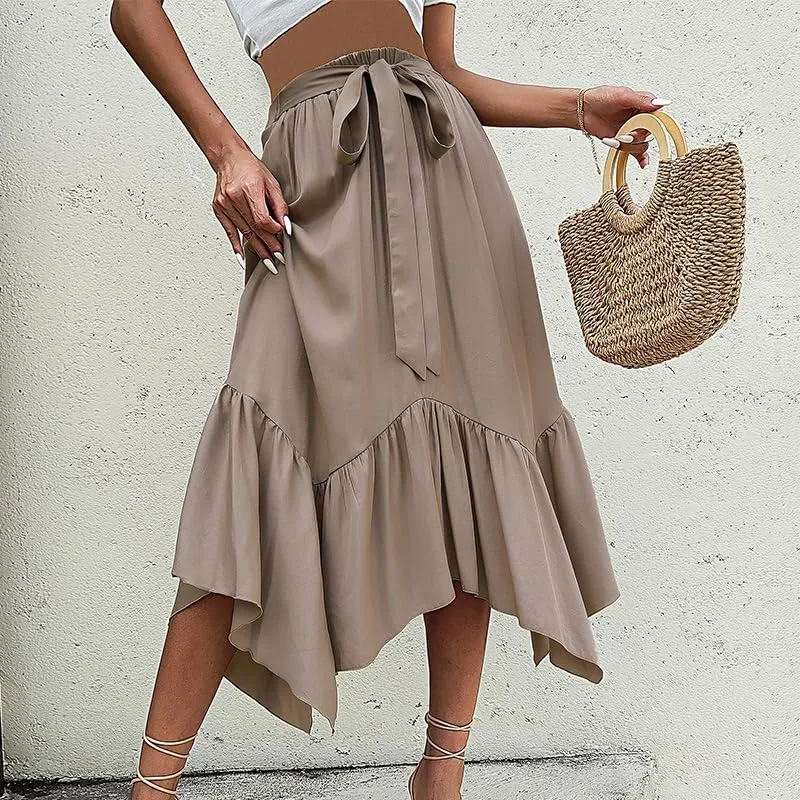 Women's Elastic High Waist with Irregular Pleated Hem Skirt Holiday Beach Skirt