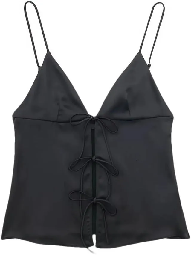 Women's Elegant V Neck Sleeveless Backless Y2k Bow Solid Color Camisole