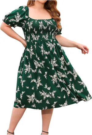 Women's Floral Dress Summer Casual Midi Dress Plus Size Puff Short Sleeve Square Neck Pleated Flowy Beach Sundress