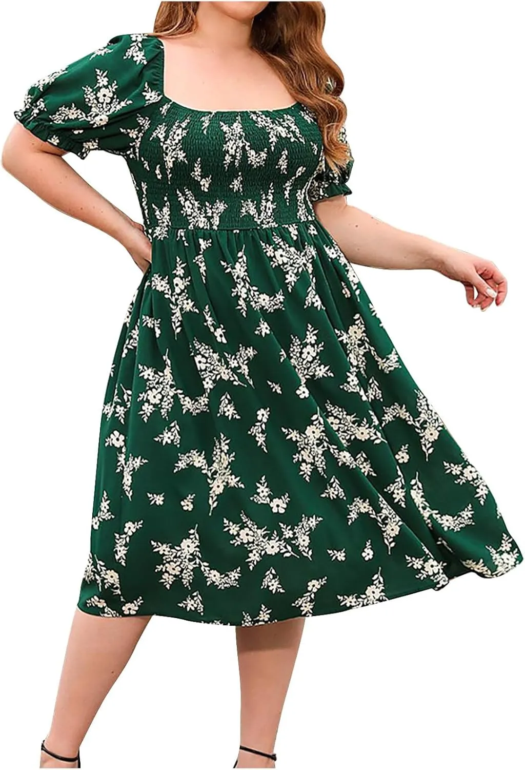 Women's Floral Dress Summer Casual Midi Dress Plus Size Puff Short Sleeve Square Neck Pleated Flowy Beach Sundress