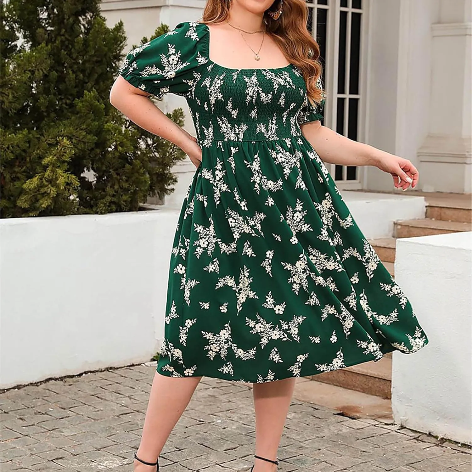 Women's Floral Dress Summer Casual Midi Dress Plus Size Puff Short Sleeve Square Neck Pleated Flowy Beach Sundress