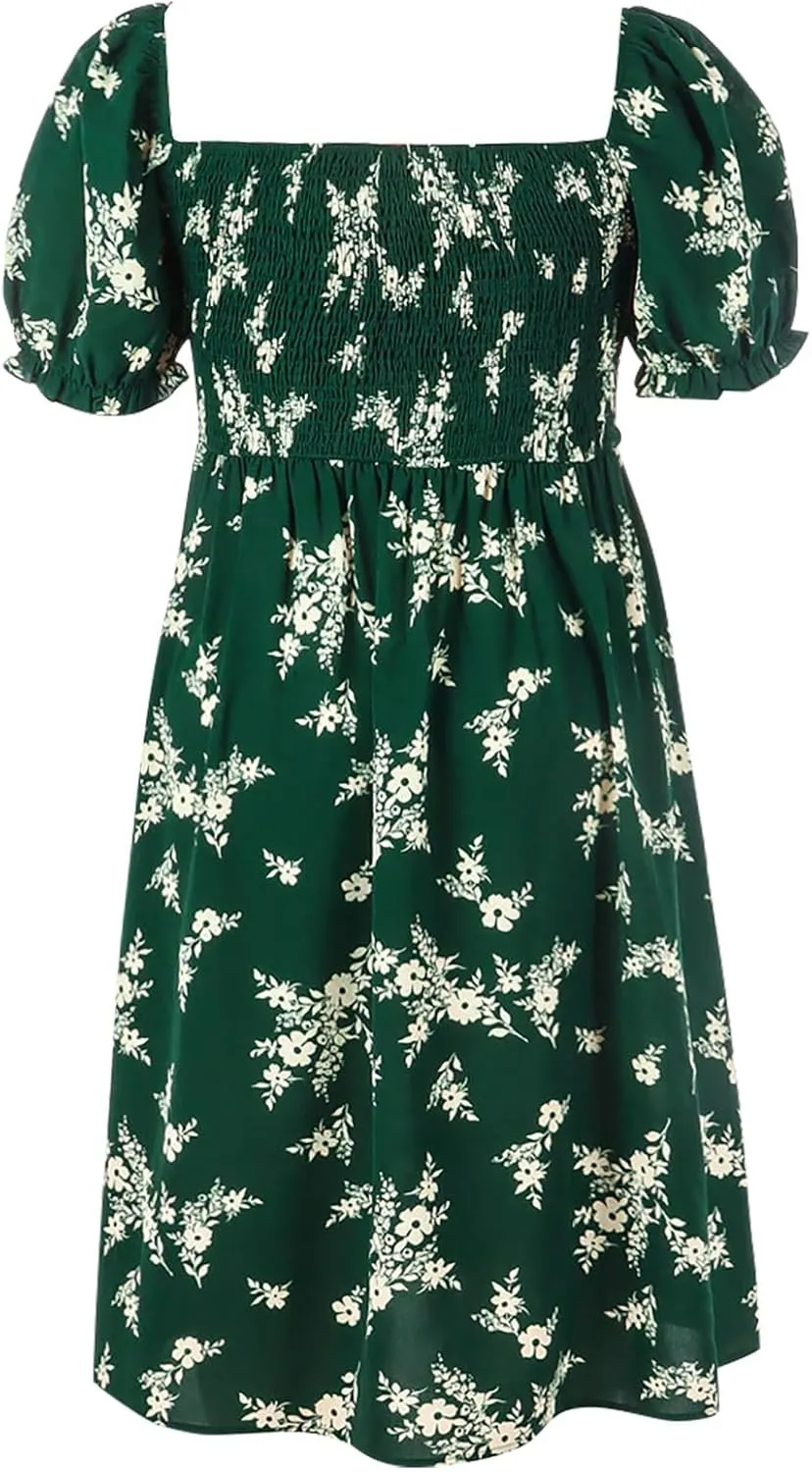 Women's Floral Dress Summer Casual Midi Dress Plus Size Puff Short Sleeve Square Neck Pleated Flowy Beach Sundress