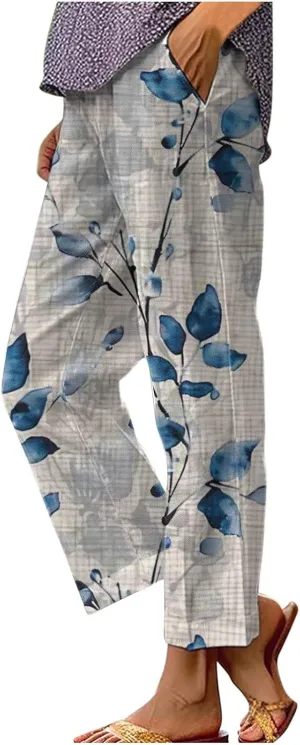 Womens High Waist Palazzo Pants Boho Floral Straight-Fit Lounge Pants Casual Loose Beach Pants with Pockets