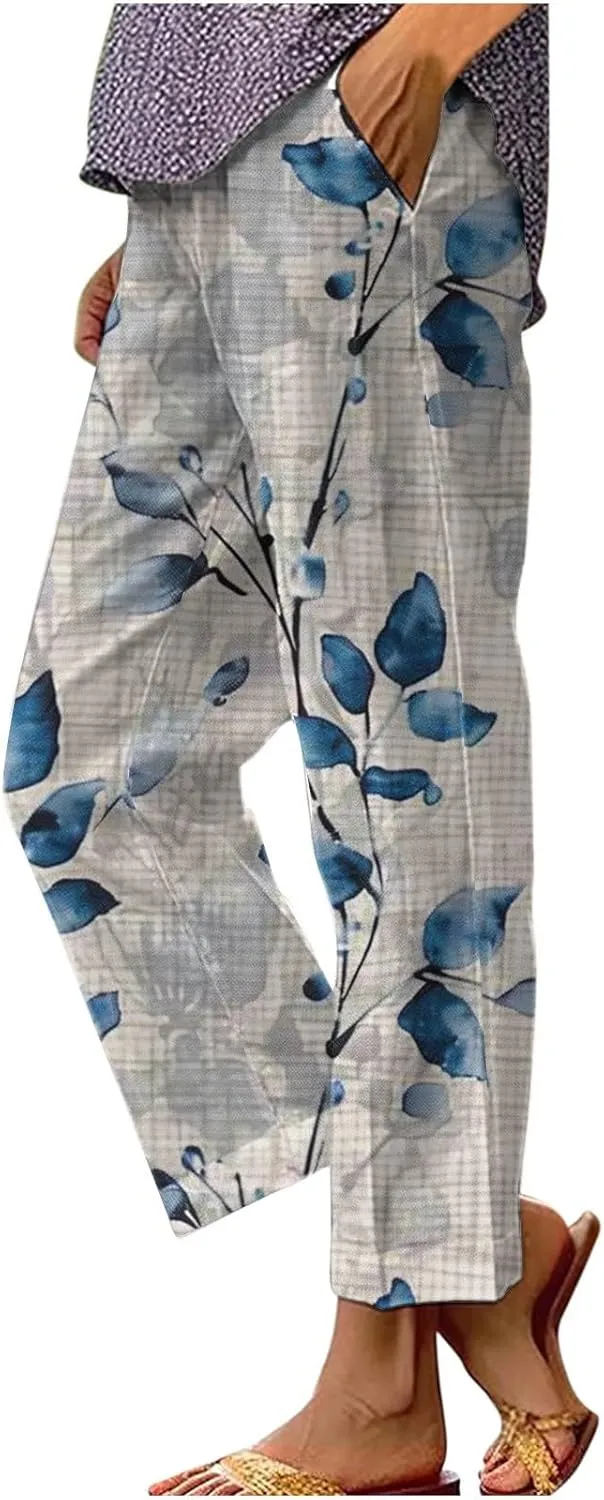 Womens High Waist Palazzo Pants Boho Floral Straight-Fit Lounge Pants Casual Loose Beach Pants with Pockets