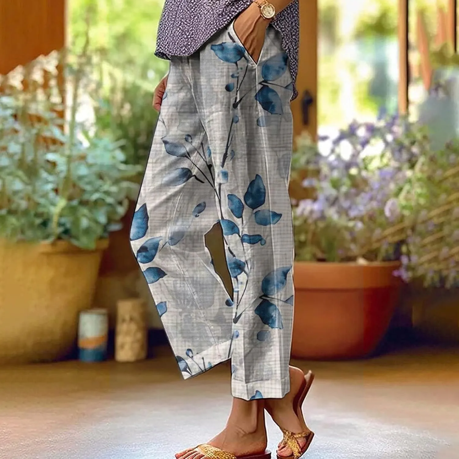 Womens High Waist Palazzo Pants Boho Floral Straight-Fit Lounge Pants Casual Loose Beach Pants with Pockets