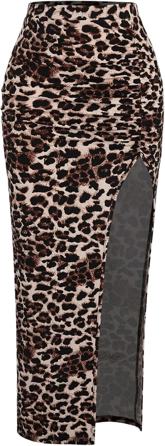 Women's Leopard Print Slit Split Maxi Skirt Ruched Y2K Long Skirts
