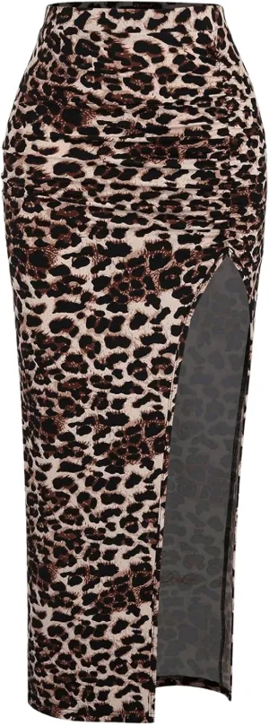 Women's Leopard Print Slit Split Maxi Skirt Ruched Y2K Long Skirts