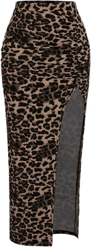Women's Leopard Print Slit Split Maxi Skirt Ruched Y2K Long Skirts