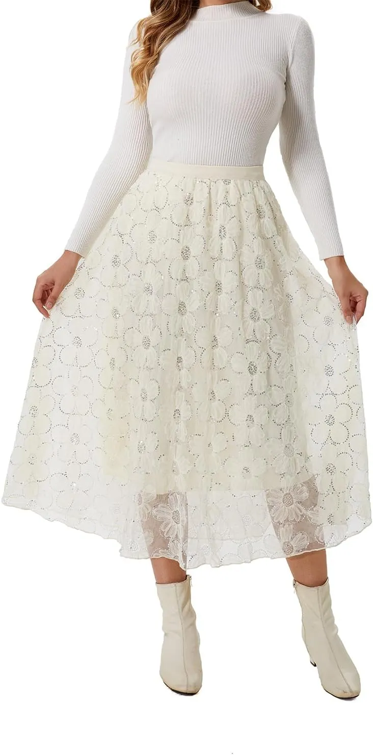 Women's Long Skirt Tulle Lace Tutu Sequin Floral Double-Layered Mesh Elastic High Waist Maxi Party