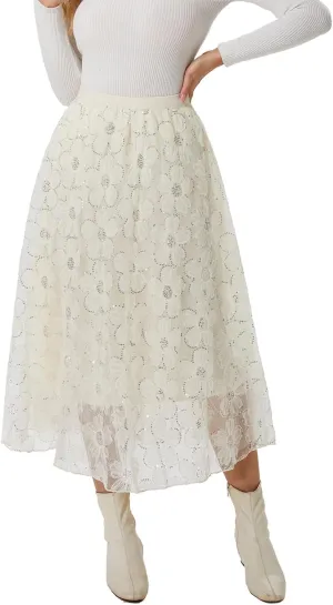 Women's Long Skirt Tulle Lace Tutu Sequin Floral Double-Layered Mesh Elastic High Waist Maxi Party