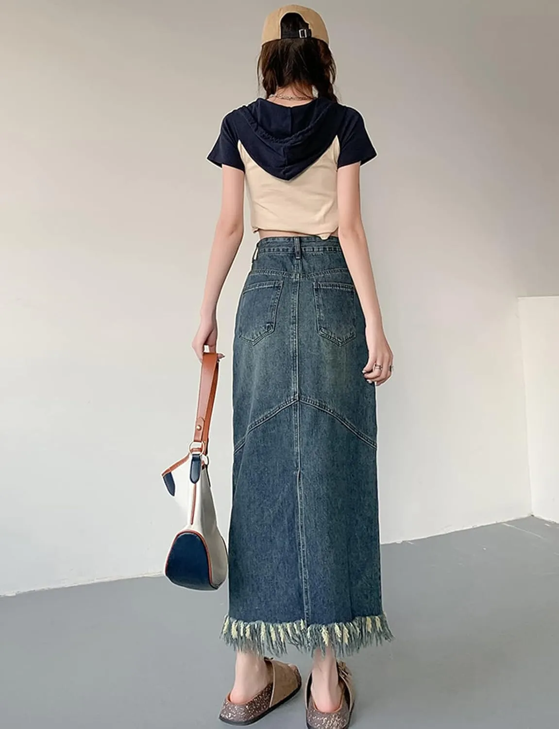 Womens Maxi Denim Skirt High Waisted Tassel Raw Hem Back Slit A Line Long Jean Skirt